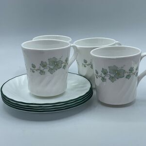 Vintage Corelle Callaway lot of 4 Ivy Swirl coffee mugs and saucers.